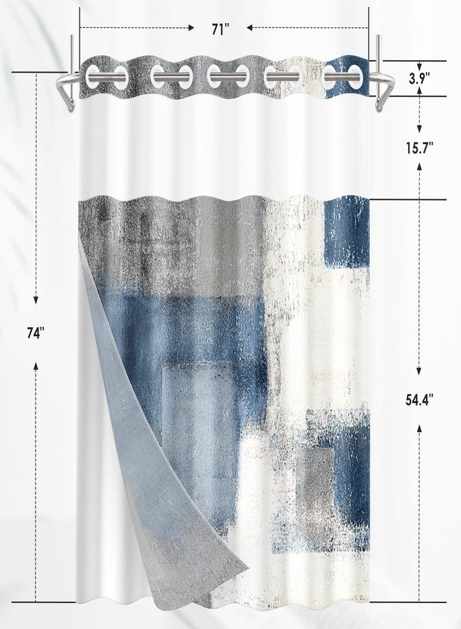 Nesphy No Hook Blue Grey Painting Shower Curtain with Snap in Fabric Liner Set, Turtle Summer Underwater Animal Double Layers Waterproof with See Through Top Bath Curtain 71x74 Inch - Image 2