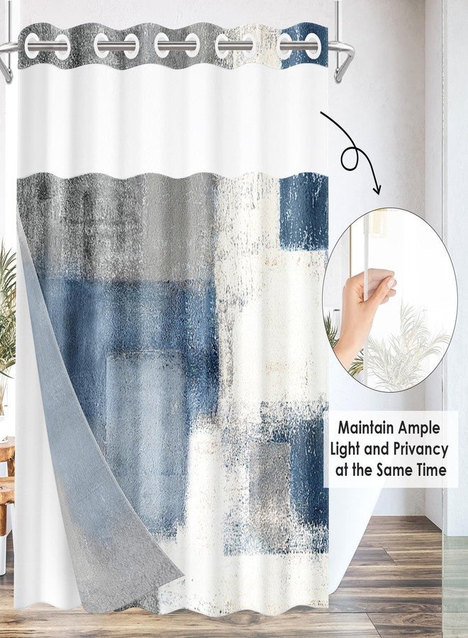 Nesphy No Hook Blue Grey Painting Shower Curtain with Snap in Fabric Liner Set, Turtle Summer Underwater Animal Double Layers Waterproof with See Through Top Bath Curtain 71x74 Inch - Image 4