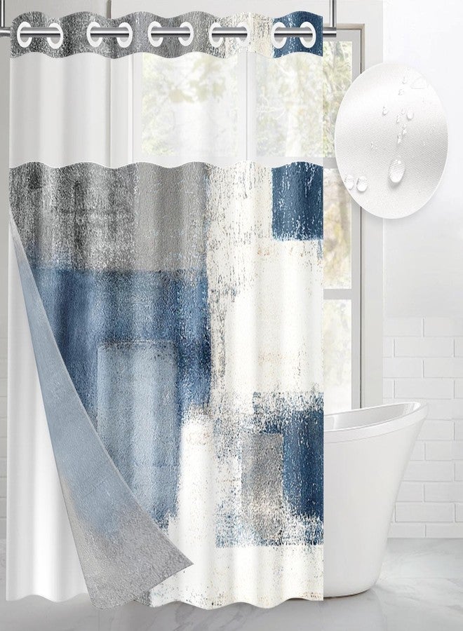 Nesphy No Hook Blue Grey Painting Shower Curtain with Snap in Fabric Liner Set, Turtle Summer Underwater Animal Double Layers Waterproof with See Through Top Bath Curtain 71x74 Inch - Image 1
