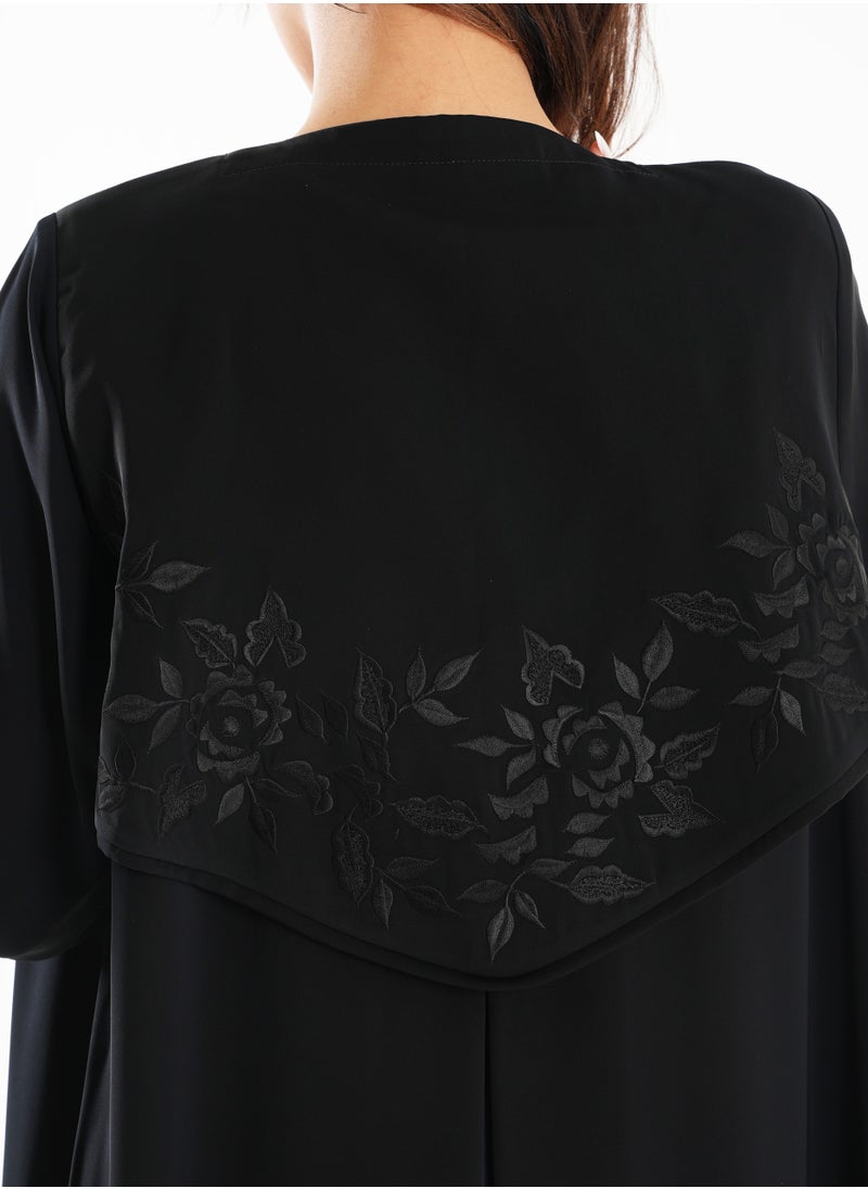 Rosette Abaya Black Abaya with Sophisticated Back Embroidery Blue-Accented  - Image 2