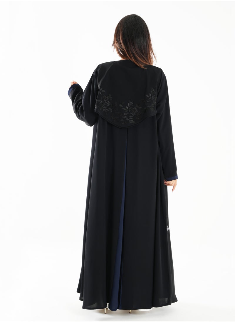 Rosette Abaya Black Abaya with Sophisticated Back Embroidery Blue-Accented  - Image 4