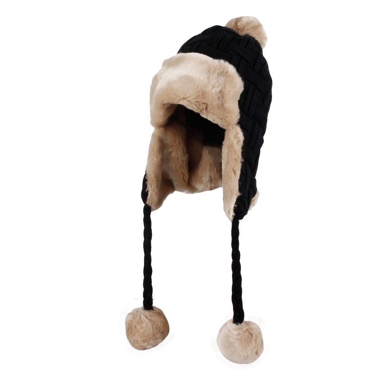 WITHMOONS Fleece Lining Thick Cable Knit Beanie Hat Earflaps Cap FZ70022 (Black) - Image 1