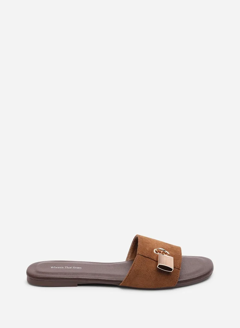 Where's That From Solana Gold Trim Cognac Suede Slide On Sandal