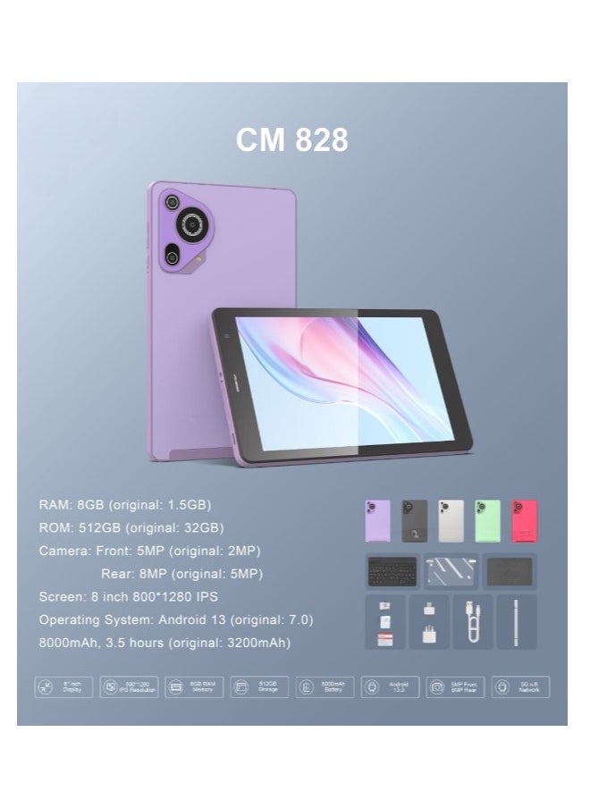 REBENUO CM828 tablet 512GB storage capacity 8GB RAM  Android system quad-core processor 8-inch screen with SIM card slot latest version (purple)  - Image 4