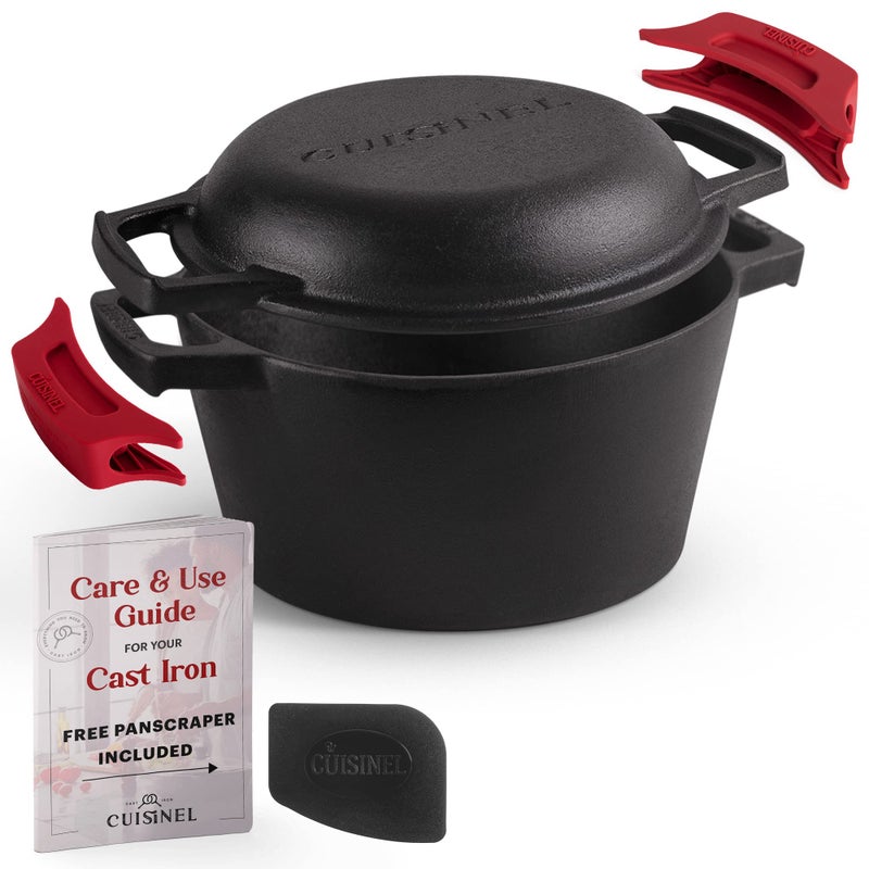 Cuisinel Cast Iron Dutch Oven  3Quart Deep Pot  PreSeasoned 2in1 MultiCooker  Combo Lid Doubles as 8inch Skillet Frying Pan  Silicone Handle Covers  Scraper  Use for Baking Bread