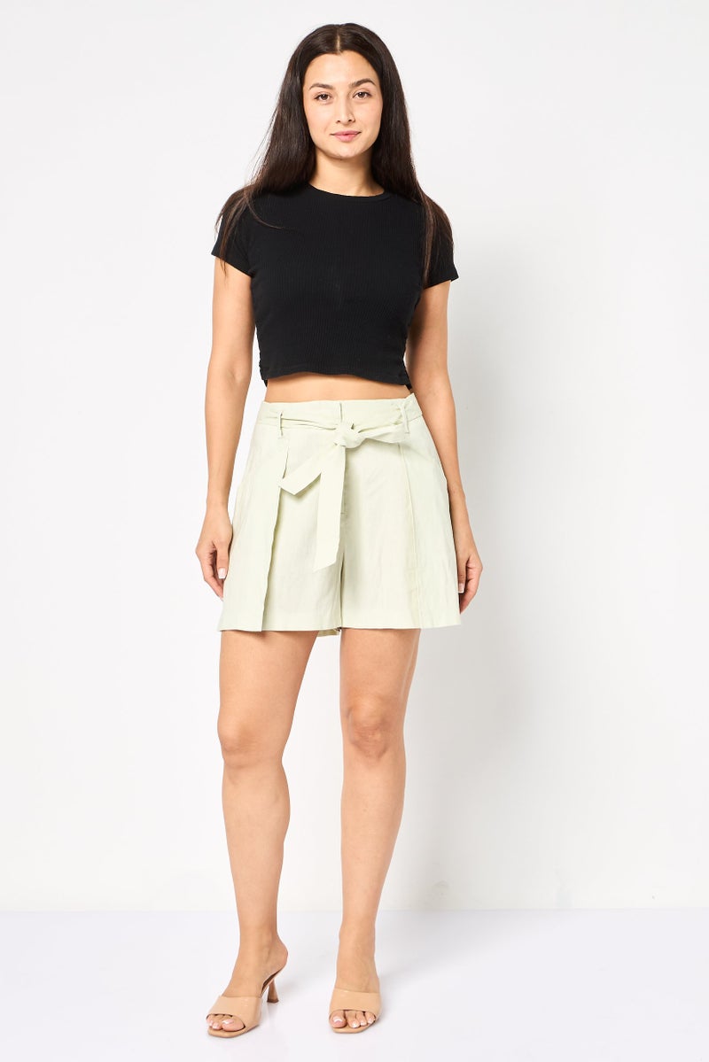 SELECTED Women Solid Belted Shorts, Light Green - Image 2