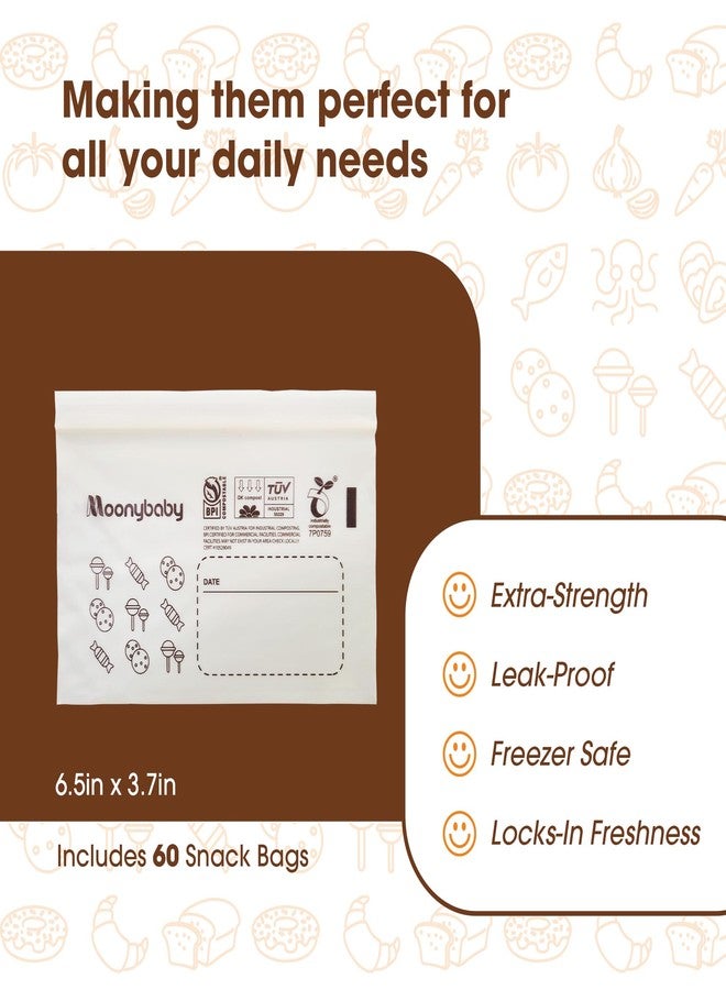 Moonybaby Compostable Snack Size Food Storage Bags (60 Count), Organic Food Storage Container with Food-Safe Zip Seal, Freezer and Leak Proof - Image 2