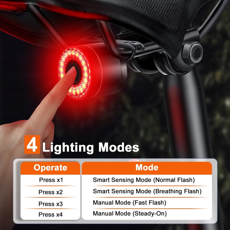 YBLNTEK Smart Bike Tail Light, Auto On/Off, Brake Sensing Rear Bike Light, USB C Rechargeable Bicycle Rear Light for Night Riding, 4 Light Modes, IPX6 Waterproof - Image 3