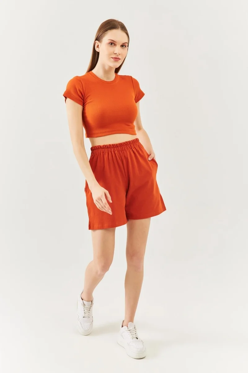 بوتيكجيز Tile Color Short Sleeve Crew Neck Fitted 100% Cotton Camisole Flexible Crop Blouse