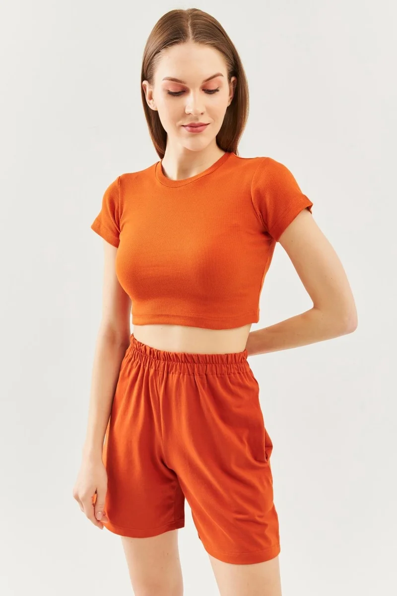 بوتيكجيز Tile Color Short Sleeve Crew Neck Fitted 100% Cotton Camisole Flexible Crop Blouse