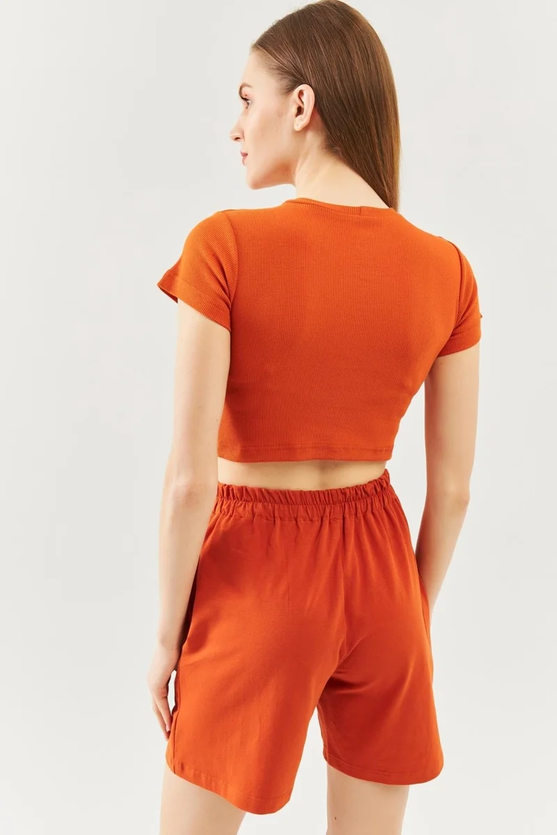 بوتيكجيز Tile Color Short Sleeve Crew Neck Fitted 100% Cotton Camisole Flexible Crop Blouse