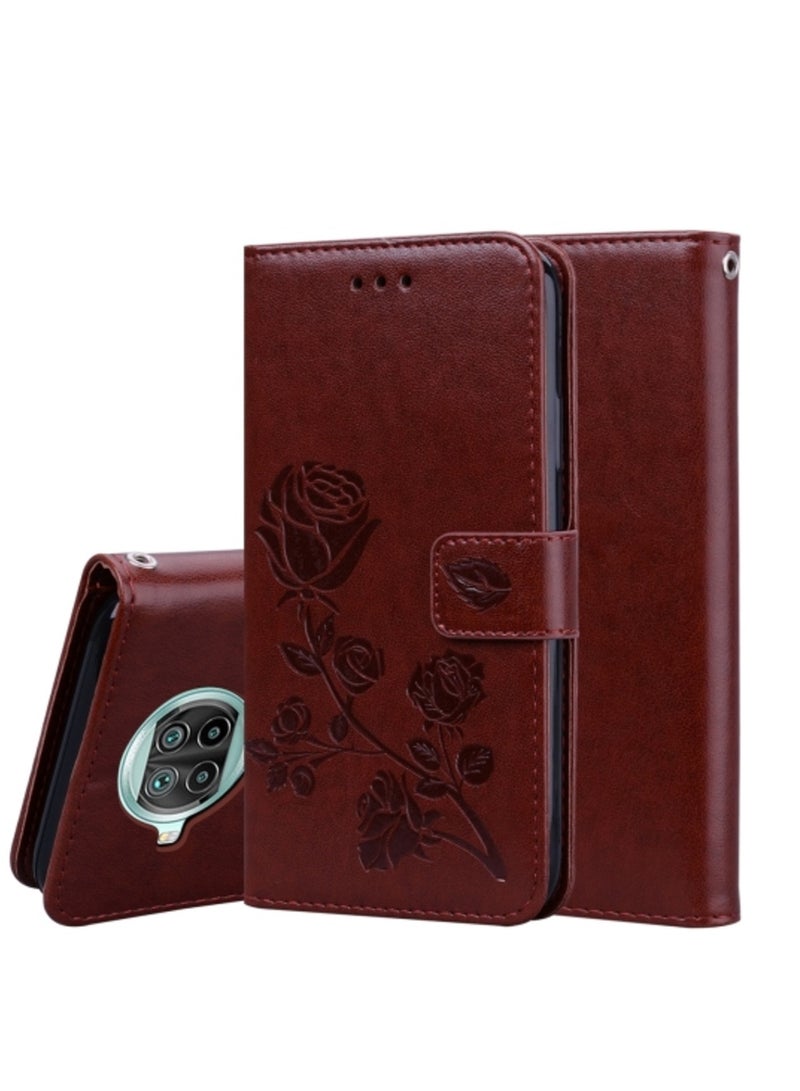 Case For Xiaomi Mi 10T Lite 5G Rose Embossed Horizontal Flip PU Leather Cover with Holder Card Slots Wallet Brown  - Image 1