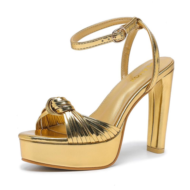 Amoji Women's 4 Inch Platform Chunky Heels Ankle Strap Women Dressy Heeled Sandals 319 Gold 8 women - Image 1