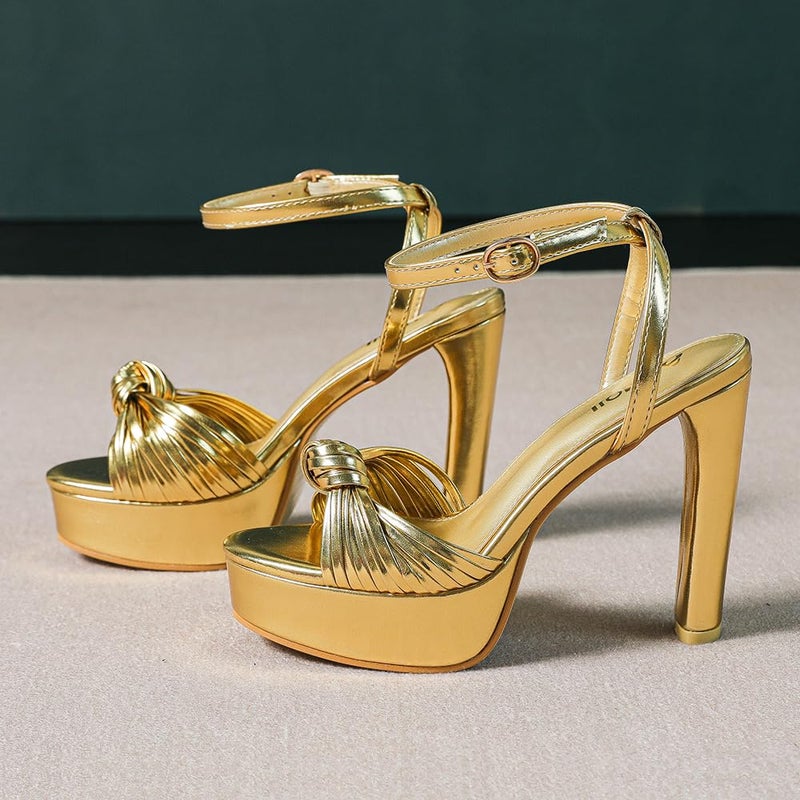 Amoji Women's 4 Inch Platform Chunky Heels Ankle Strap Women Dressy Heeled Sandals 319 Gold 8 women - Image 3