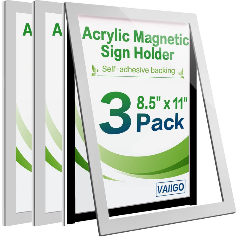 VAIIGO Acrylic Sign Holder 8.5" x 11" Wall Mount, Self Adhesive Magnetic Display Frame with Nano Tape, Plastic Clear Document Frame for Office, Store, School, Home, Wall Picture Frame (Silver, 3Pack) - Image 1