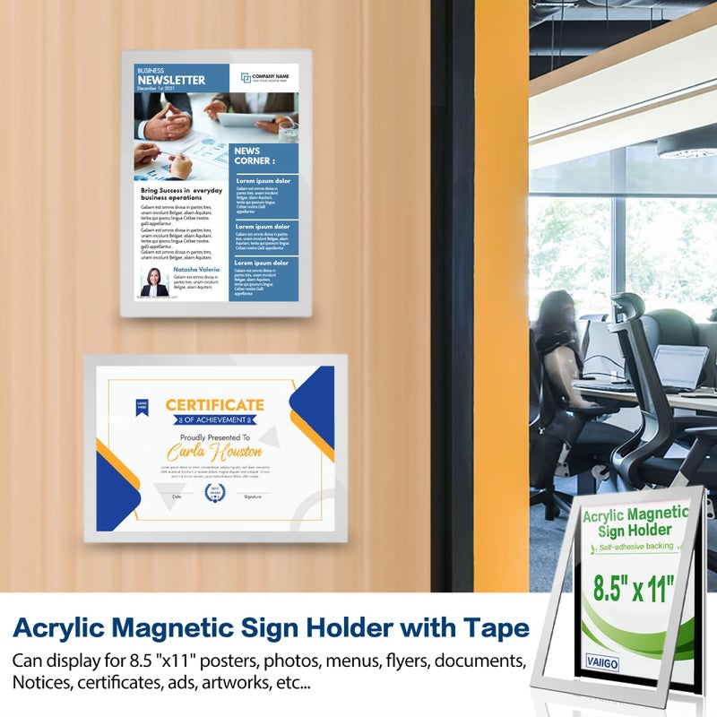 VAIIGO Acrylic Sign Holder 8.5" x 11" Wall Mount, Self Adhesive Magnetic Display Frame with Nano Tape, Plastic Clear Document Frame for Office, Store, School, Home, Wall Picture Frame (Silver, 3Pack) - Image 2