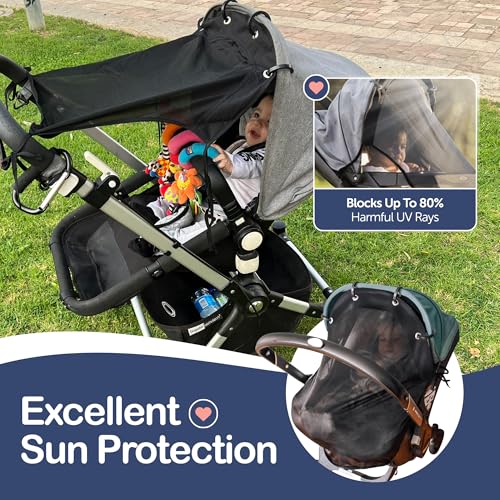IntiMom Stroller Sun Shade - Universal UV Protection Cover for Strollers Sunshade with See Through, Clip-On Sun Blocker, Sun Shield for Baby, Breathable Adjustable Fit, Full Coverage, M Black - Image 2