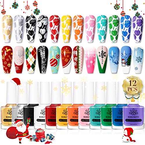 Born Pretty Nail Stamping Polish, Fingernail Stamp Polish Set Manicure Print Nail Polish for Plates 12 Colors Bulk Gift Collection 10ml 0.34fl oz Ideal Gifts - Image 1