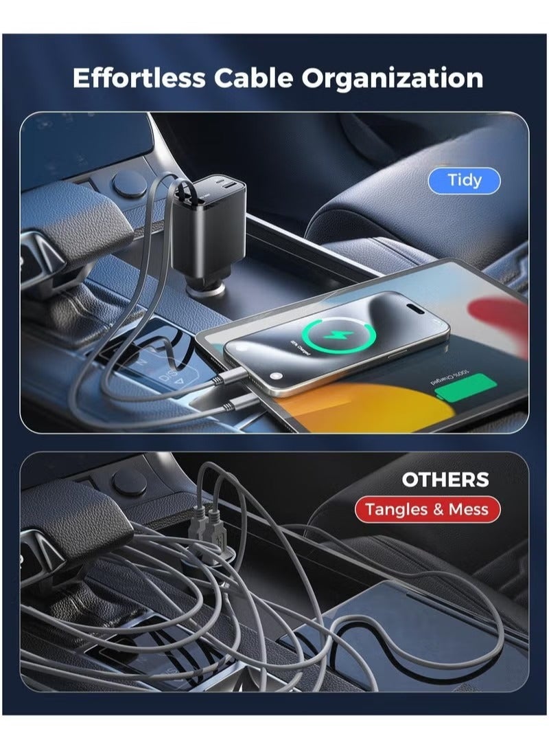 ترينفي شاحن سيارة - محول شحن سريع 4 في 1 مع كابلات لايتنينج ونوع C قابلة للطي، ومنافذ USB مزدوجة وشاشة عرض الجهد - متوافق مع iPhone وiPad وGalaxy - مخرج طاقة فائق - Image 2