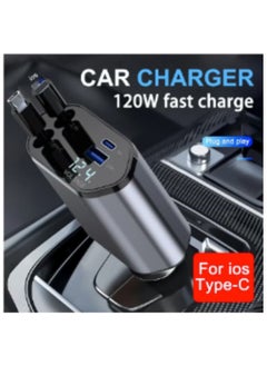 Car Charger - Fast Charging 4-in-1 Adapter with Collapsible Lightning & Type C Cables, Dual USB Ports & Voltage Display - Compatible with iPhone, iPad, Galaxy - Ultra Power Output