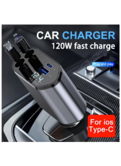 Car Charger - Fast Charging 4-in-1 Adapter with Collapsible Lightning & Type C Cables, Dual USB Ports & Voltage Display - Compatible with iPhone, iPad, Galaxy - Ultra Power Output