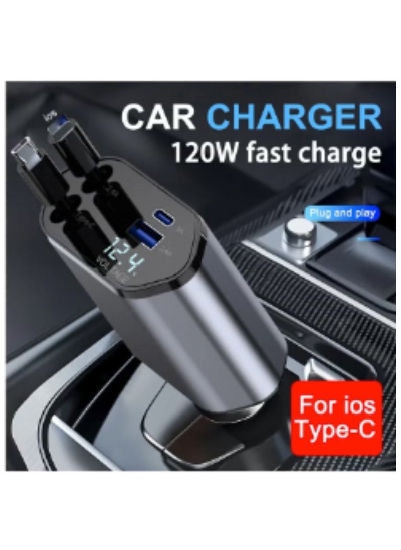 Trendify - Car Charger - Fast Charging 4-in-1 Adapter with Collapsible Lightning & Type C Cables, Dual USB Ports & Voltage Display - Compatible with iPhone, iPad, Galaxy - Ultra Power Output - Image 1