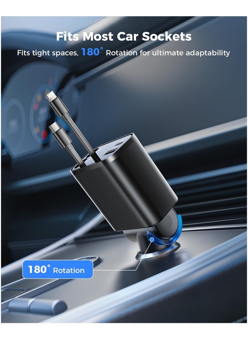 Trendify - Car Charger - Fast Charging 4-in-1 Adapter with Collapsible Lightning & Type C Cables, Dual USB Ports & Voltage Display - Compatible with iPhone, iPad, Galaxy - Ultra Power Output - Image 1