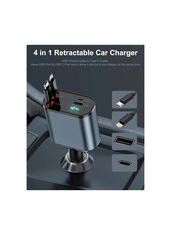 Trendify - Car Charger - Fast Charging 4-in-1 Adapter with Collapsible Lightning & Type C Cables, Dual USB Ports & Voltage Display - Compatible with iPhone, iPad, Galaxy - Ultra Power Output - Image 1