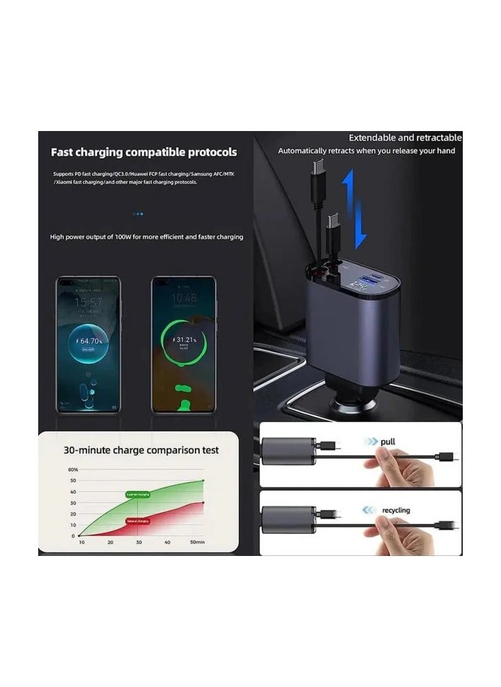 Trendify - Car Charger - Fast Charging 4-in-1 Adapter with Collapsible Lightning & Type C Cables, Dual USB Ports & Voltage Display - Compatible with iPhone, iPad, Galaxy - Ultra Power Output - Image 1