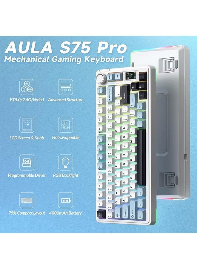 AULA S75 PRO Wireless Mechanical Keyboard with Screen&Knob, Tri-Mode Hot Swappable Gaming Keyboard 75%, Pre-lubed Switches, RGB Backlit, Side Printed PBT Keycaps, Creamy Sounding Computer Keyboards - Image 3