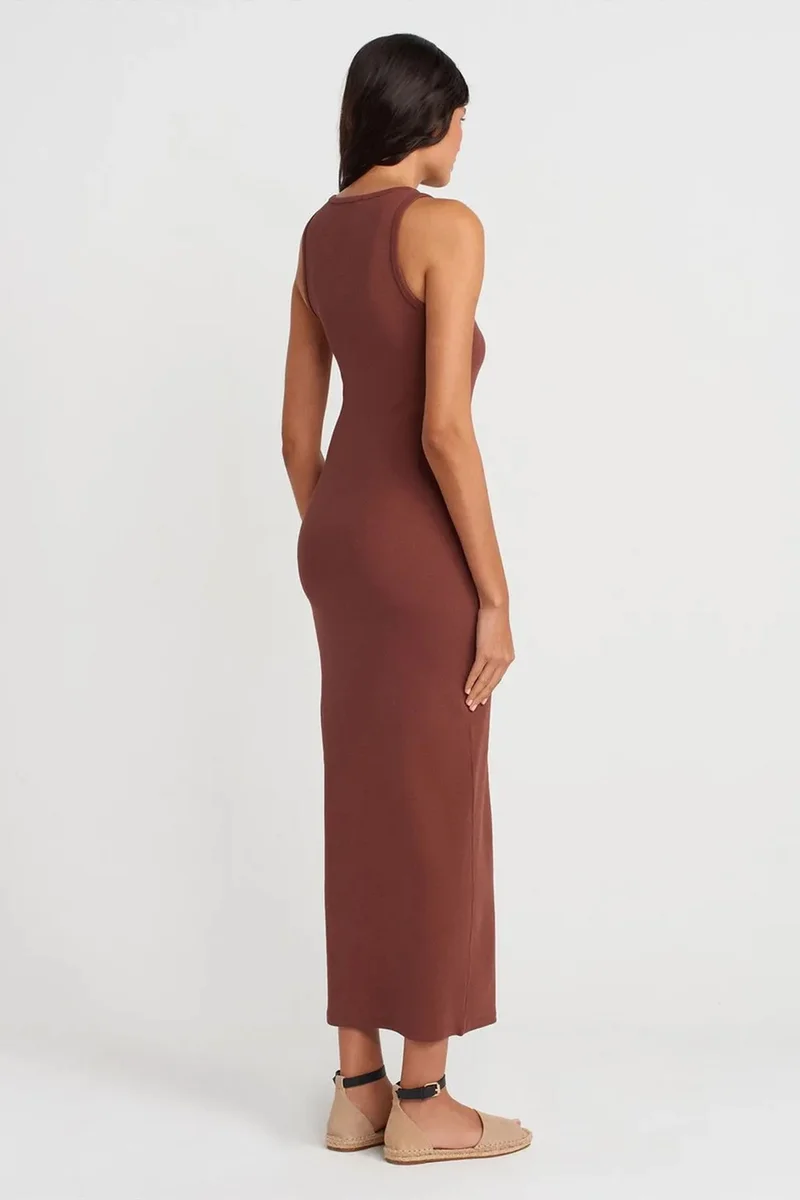 Dilvin Chestnut Brown DILVIN Ribbed Cotton Blend Sleeveless Maxi Dress for Women | Best Price UAE