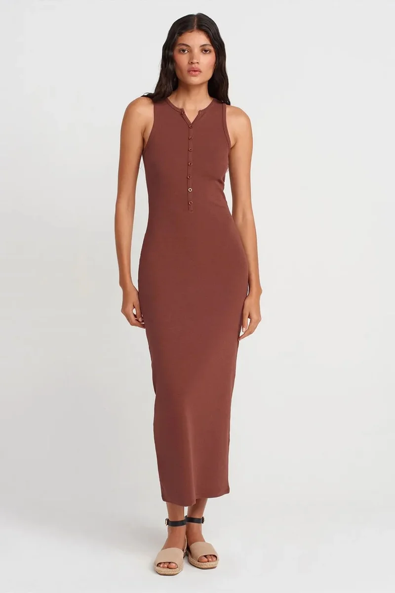 Dilvin Chestnut Brown DILVIN Ribbed Cotton Blend Sleeveless Maxi Dress for Women | Best Price UAE