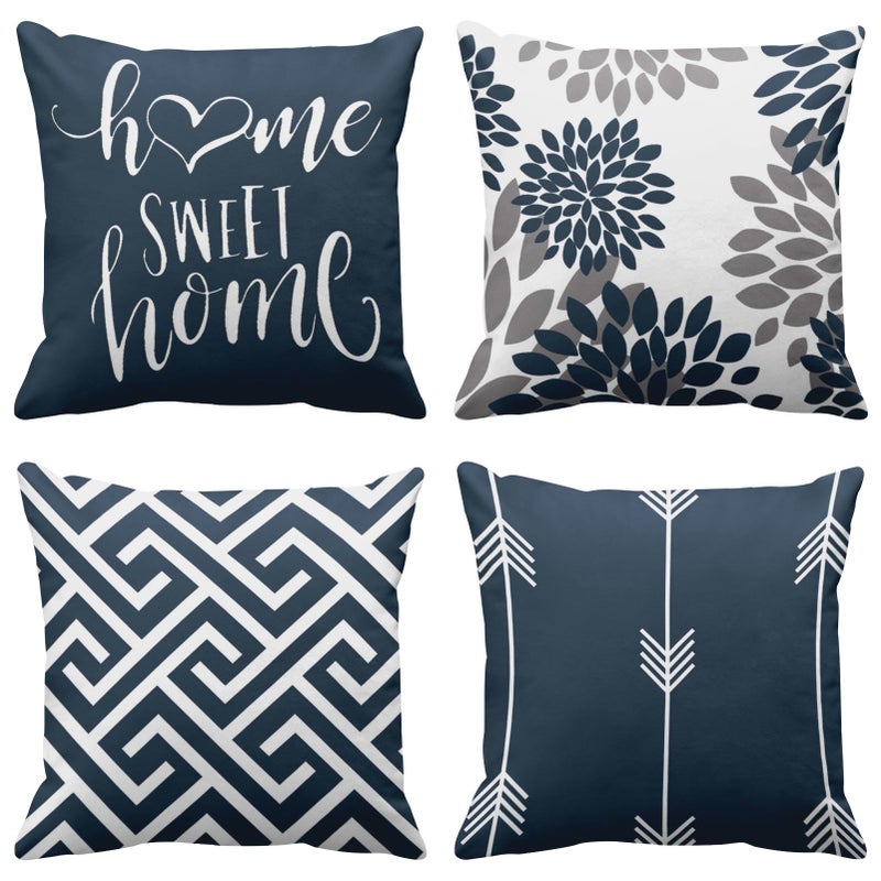 Emvency Set of 4 Throw Pillow Covers Modern Abstract Geometry Blue White and Grey Words Sweet Floral Arrow Decorative Pillow Cases Home Decor Standard Square 20x20 Inches Pillowcases