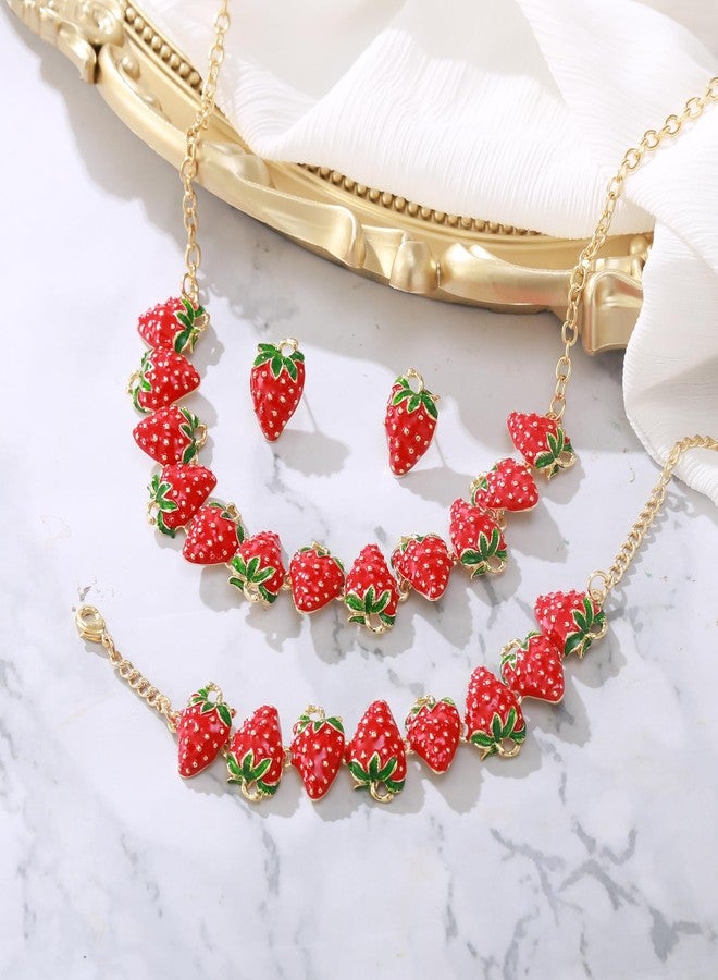 بريلوف مجوهرات بريلوف اللطيفة والمرحة على شكل فراولة للنساء، طقم مجوهرات من المينا مكون من قلادة وأقراط وسوار، مجوهرات فاكهة ساحرة لإكسسوارات العطلات الصيفية على الشاطئ، لون ياقوتي، لون ذهبي - Image 5