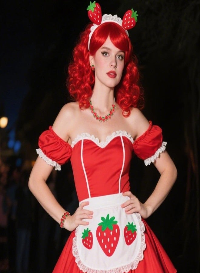 بريلوف مجوهرات بريلوف اللطيفة والمرحة على شكل فراولة للنساء، طقم مجوهرات من المينا مكون من قلادة وأقراط وسوار، مجوهرات فاكهة ساحرة لإكسسوارات العطلات الصيفية على الشاطئ، لون ياقوتي، لون ذهبي - Image 2