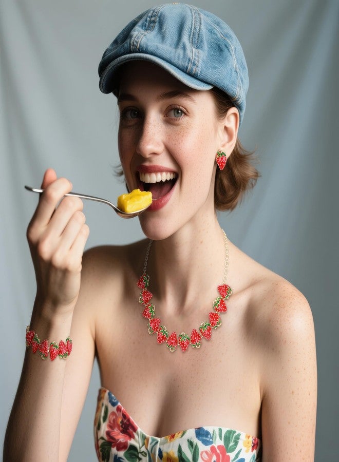 بريلوف مجوهرات بريلوف اللطيفة والمرحة على شكل فراولة للنساء، طقم مجوهرات من المينا مكون من قلادة وأقراط وسوار، مجوهرات فاكهة ساحرة لإكسسوارات العطلات الصيفية على الشاطئ، لون ياقوتي، لون ذهبي - Image 4