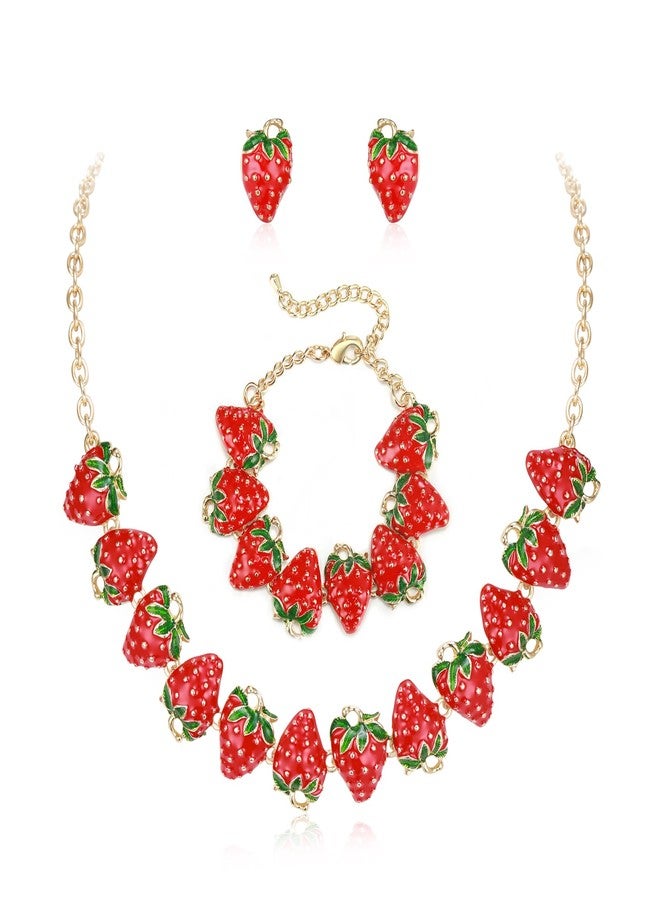 بريلوف مجوهرات بريلوف اللطيفة والمرحة على شكل فراولة للنساء، طقم مجوهرات من المينا مكون من قلادة وأقراط وسوار، مجوهرات فاكهة ساحرة لإكسسوارات العطلات الصيفية على الشاطئ، لون ياقوتي، لون ذهبي - Image 1