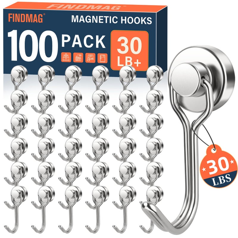 FINDMAG 100 Pack Magnetic Hooks 30lbs Magnetic Hooks for Cruise Cabins Heavy Duty Strong Neodymium Swivel Swing Hooks for Refrigerator Grill Home Supplies Kitchen Organization Silver - Image 2