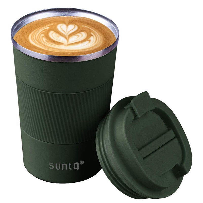 SUNTQ Reusable Coffee Cups Travel  Coffee Travel Mug with Leakproof Lid  Thermal Mug Insulated Cup  Stainless Steel Travel Cup with Rubber Grip  for Hot and Cold Drinks 13oz380ml Green
