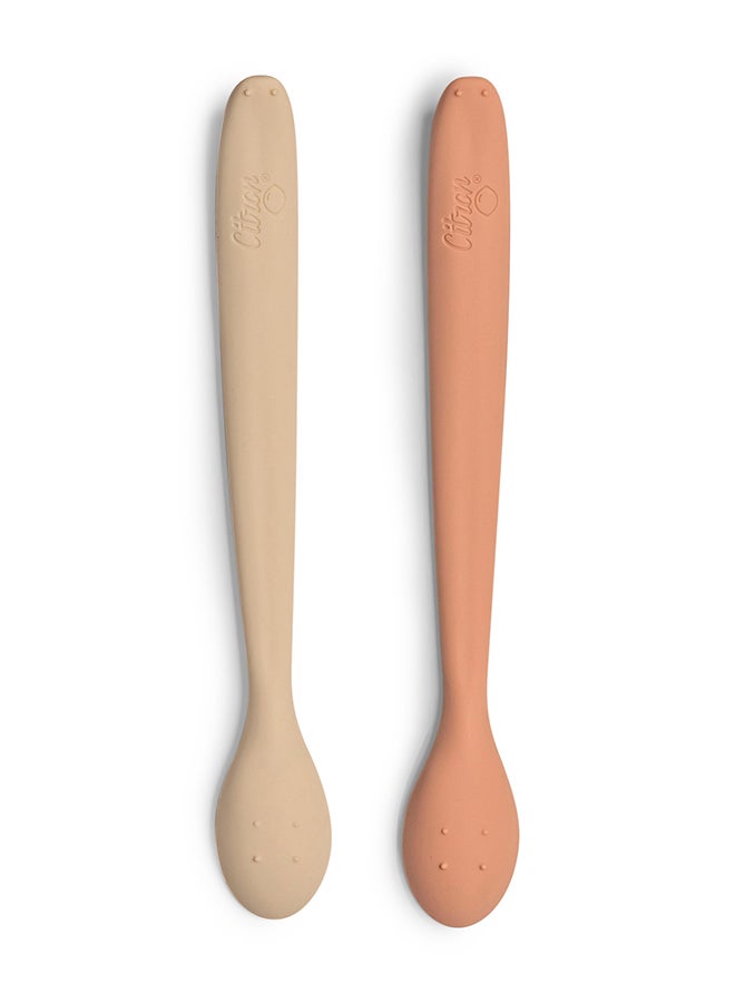 Citron Silicone Long Feeding Spoon Blush Set 2Pcs - Pink/Beige