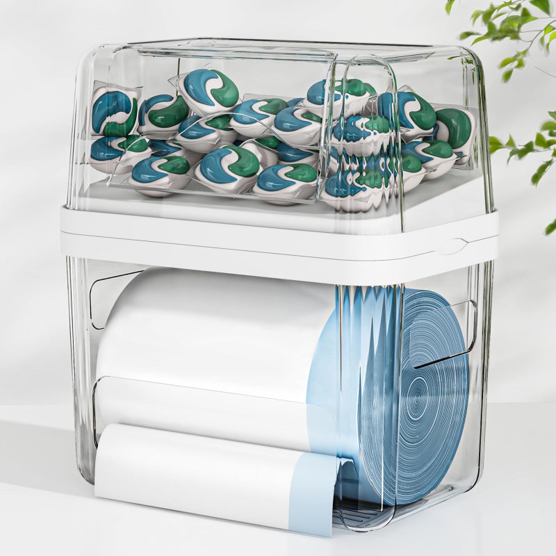 FELIZHOUSE 2-in-1 Trash Bag Holder Laundry & Dishwasher Pods Container,Garbage Bag Dispenser with Removable Lids,Kitchen Organizer and Under Sink Storage Box - Image 1