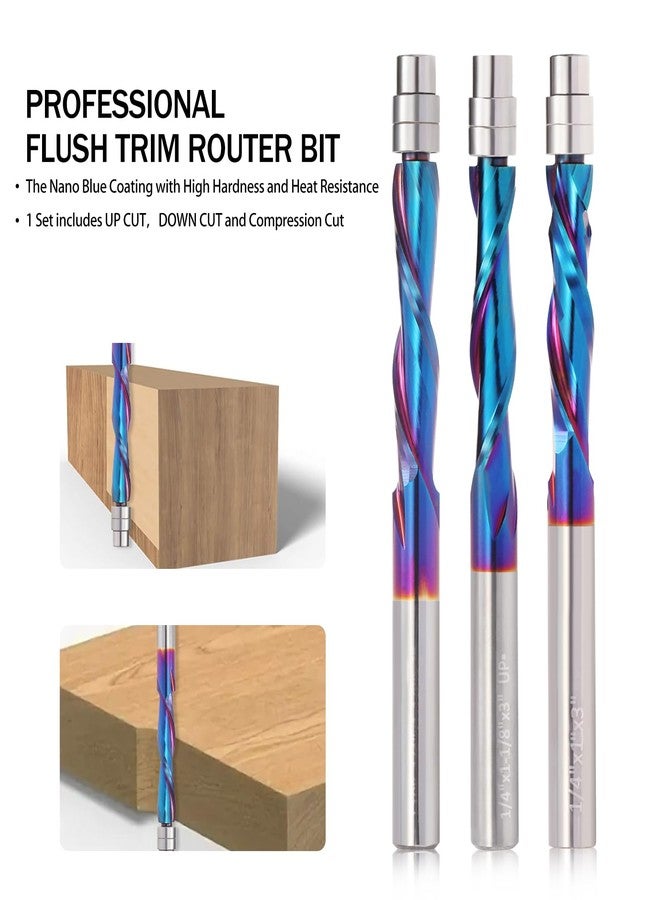 HOZLY 3PCS Spiral Flush Trim Router Bit Set ,1/4 Inch Shank , with Nano Coated ,for Wood Trimming,Set of 1pcs Up Down Compression Router Bit+ 1pcs Downcut Bits+1pcs Up Cut Bits - Image 3