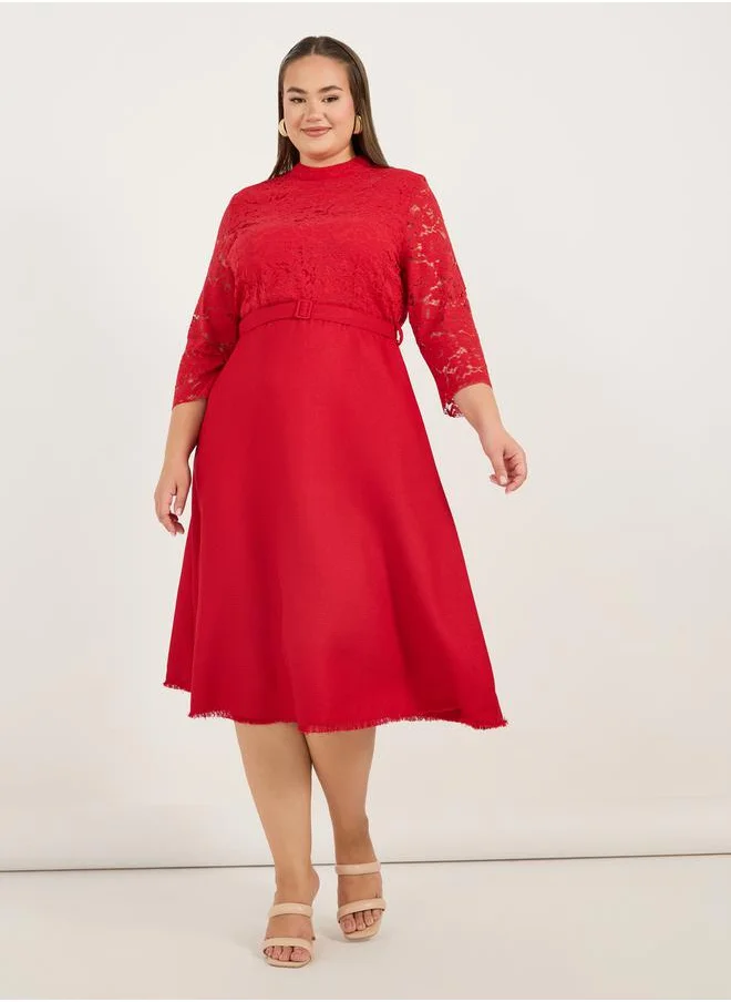 Styli Plus Size Lace Insert A-Line Midi Dress with Belt