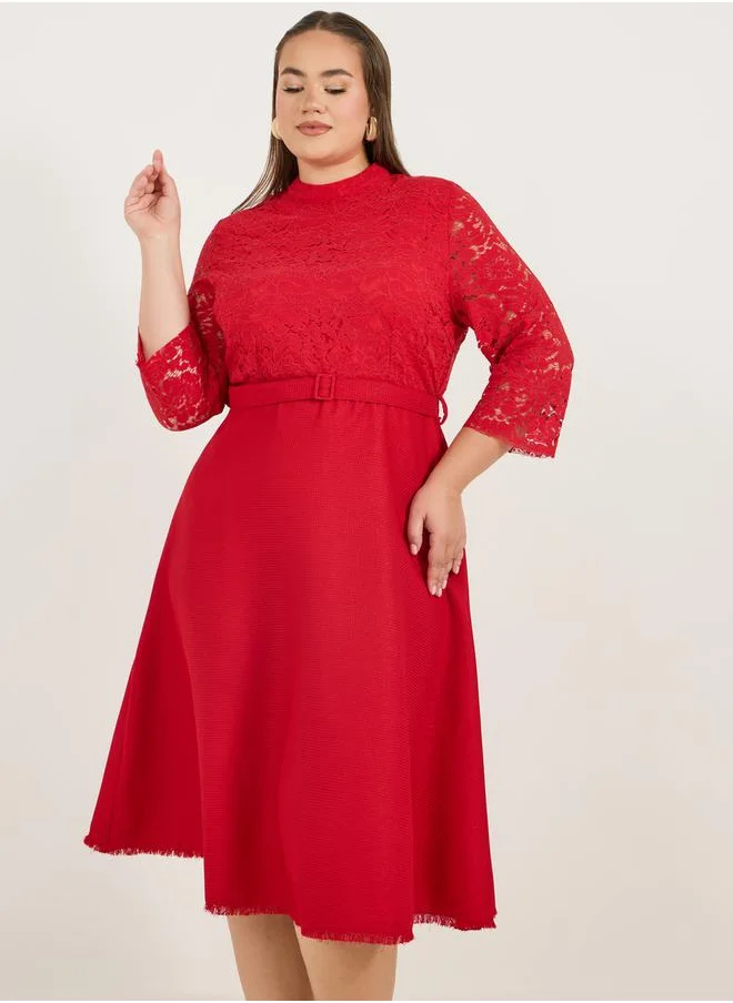 Styli Plus Size Lace Insert A-Line Midi Dress with Belt