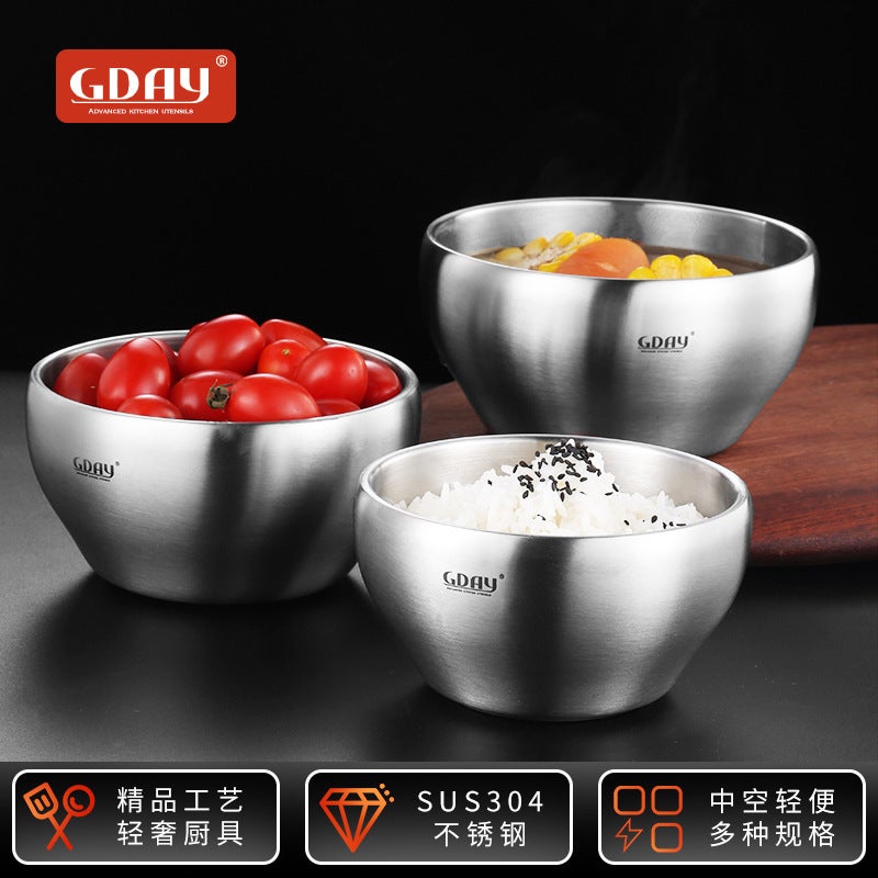 Stainless Steel Sanded Bowl 304 Sanded Double-Layer Bowl Thickeneded Soup Bowl Rice Bowl Insulated Bowl Student Bowl Adult Bowl Rice Bowl - Image 2