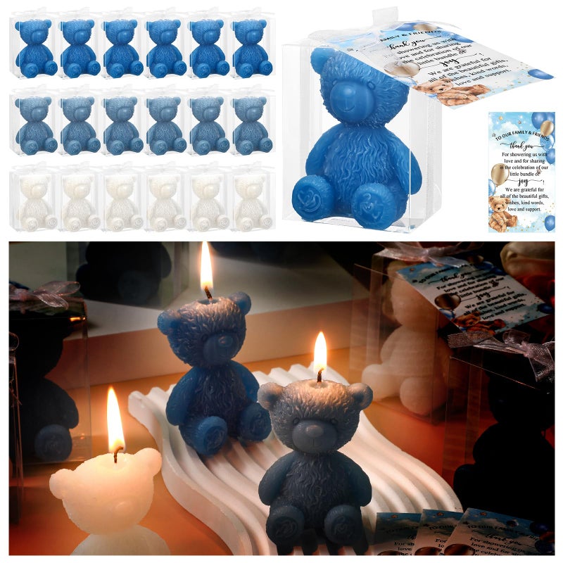 Threlaco 30 Sets Baby Shower Favors for Guests 30 Bear Shaped Candles Handmade Bear Candles Bulk with 30 Thank You Cards 30 White Ribbons 30 Clear PVC Boxes for Boys Girls Gender Reveal Blue Series