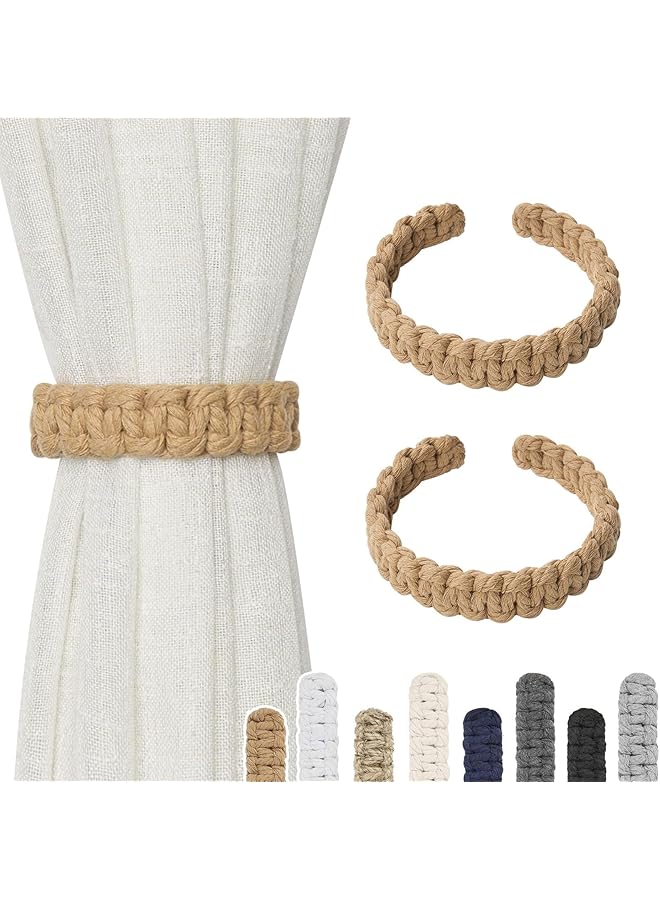 The Bros رباط ستائر جوت مغناطيسي، عبوة 2 حبل قطن طبيعي لربط الستائر، نمط ريفي مزخرف يدوي الصنع لربط الستائر للمنزل والمكتب (C-بيج داكن) - Image 1