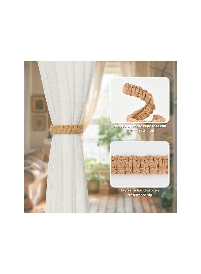 The Bros رباط ستائر جوت مغناطيسي، عبوة 2 حبل قطن طبيعي لربط الستائر، نمط ريفي مزخرف يدوي الصنع لربط الستائر للمنزل والمكتب (C-بيج داكن) - Image 3