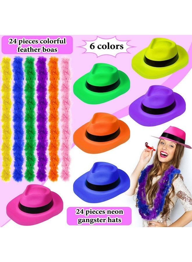 JaGely 48 Pieces Neon Party Supplies 24 Neon Gangster Hats 24 Pcs Colorful Feather Boas For Glow In The Dark Party 80'S Style Dressing Up Party Carnival Mardi Gras Halloween Birthday Party Decoration - Image 3