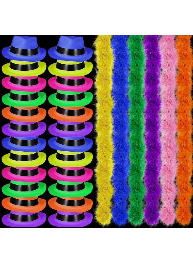 JaGely 48 Pieces Neon Party Supplies 24 Neon Gangster Hats 24 Pcs Colorful Feather Boas For Glow In The Dark Party 80'S Style Dressing Up Party Carnival Mardi Gras Halloween Birthday Party Decoration - Image 2